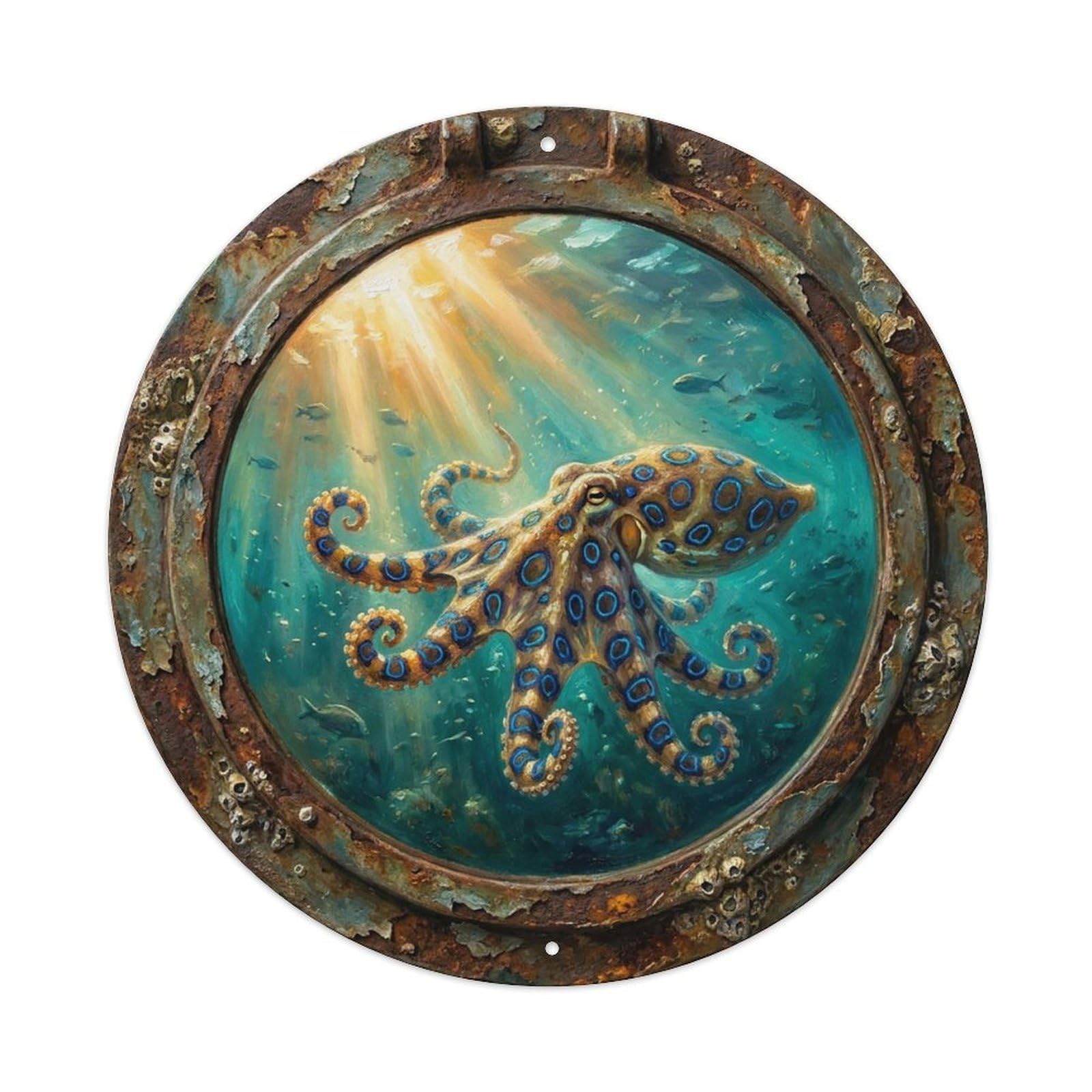 Vintage Porthole Blue Ring Octopus Ship Window Under Deep Metal Tin Sign