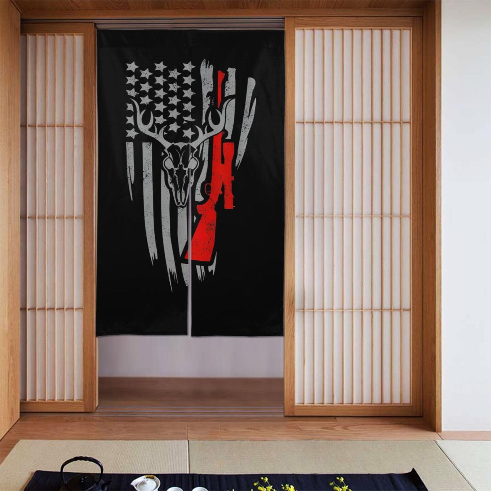 Lukiyys American Flag Deer Hunter Skull Rifle 4th July Hunting Door Curtains,Doorways Curtains for Windows,Bedroom Divider 34"X 56"