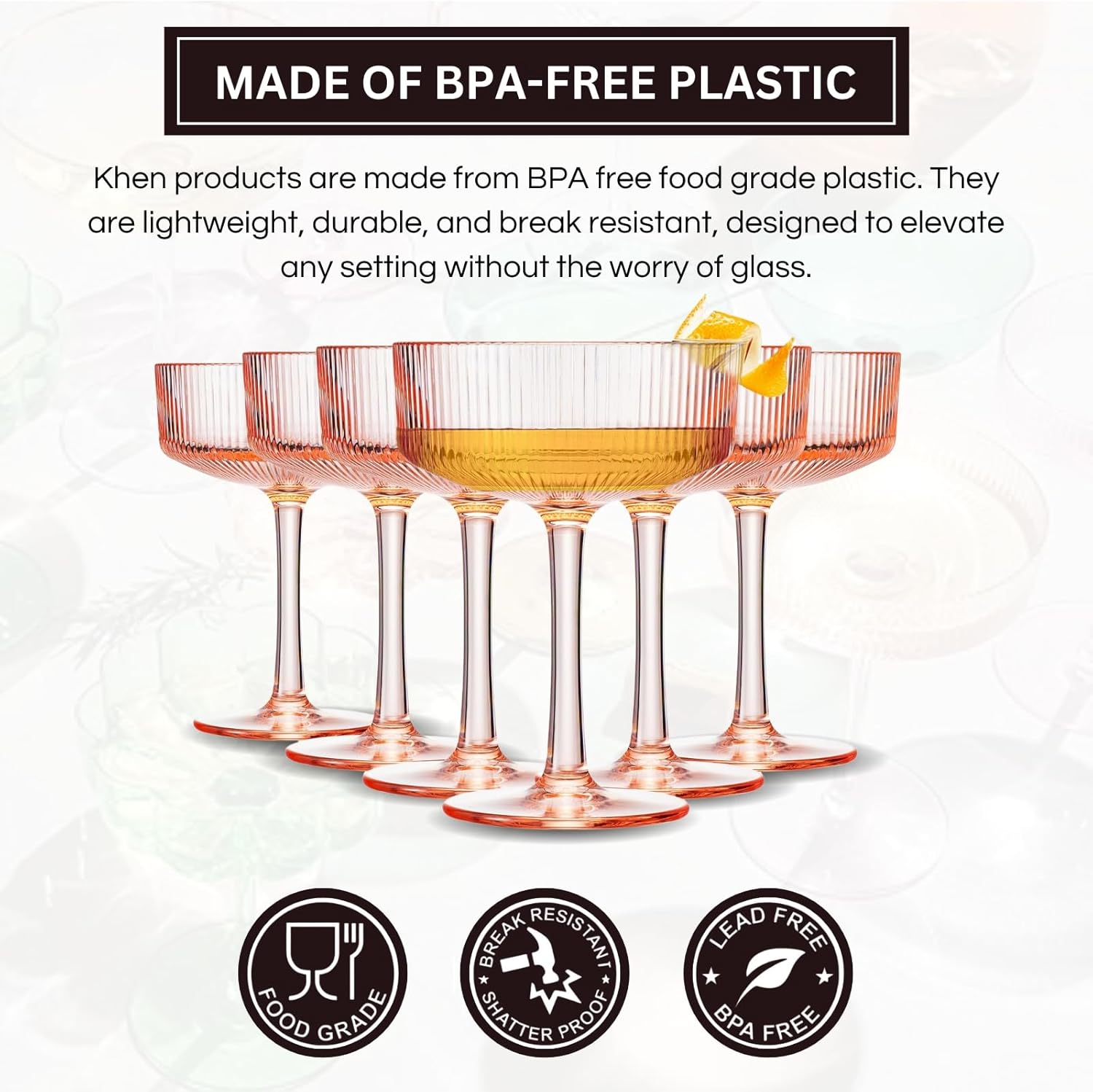 Khen Shatterproof Acrylic Ribbed Vintage Art Deco Martini, Champagne & Cocktail Pink Peach Tint Color Plastic Coupe Glasses | Set of 6 | 8oz Ripple Glassware Cocktail Indoor & Outdoor European Style