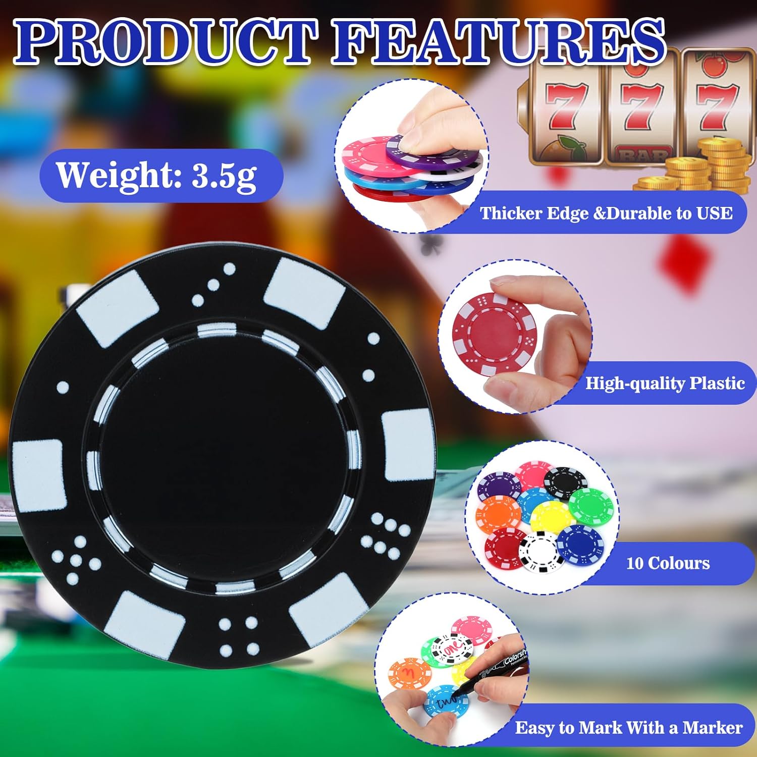 Coopay 500 Pcs Plastic Poker Chips for Texas Hold'em, Blackjack, Poker Chips Set with Dice Striped Edges for Card Board Game, Card Club Late Game Night Home Themed Events Party Supplies