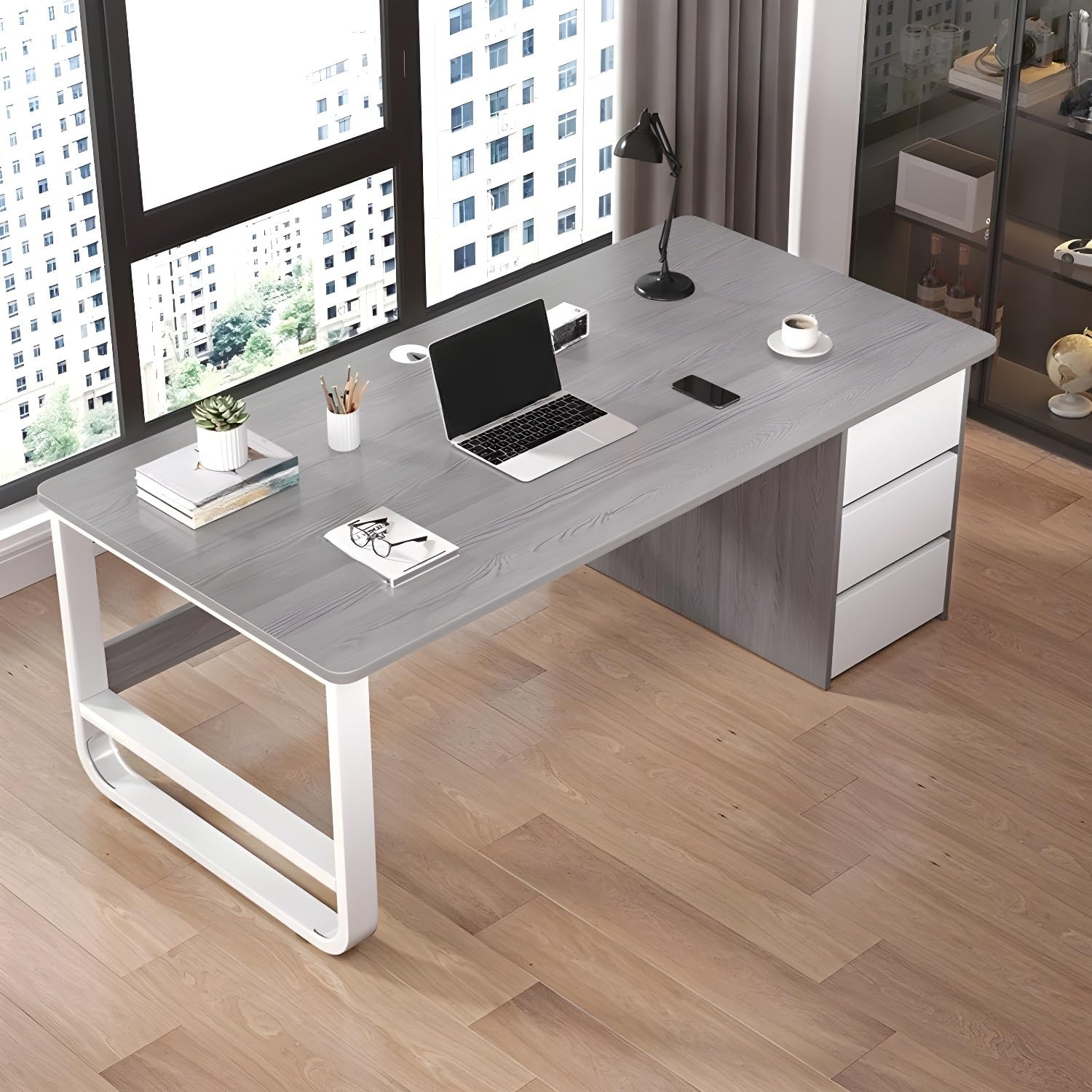 LITFAD Stylish Modern Office Desk with Built-in Cable Management and Wood Top Rectangular Computer Desk with 3 Drawers - Perfect for Office or Home Use - Brown 55" L x 20" W x 29" H