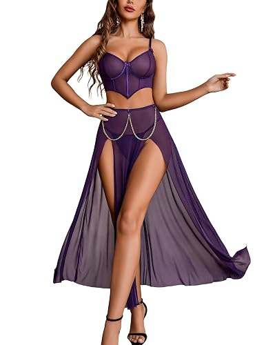 Avidlove Women Lingerie Babydoll Chemise 3 Piece Set Mesh Side Split Nightgown - Purple - X-Large