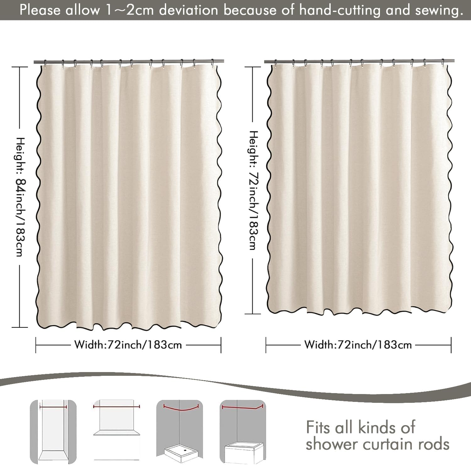 MIULEE Cream White Scalloped Shower Curtain Linen Textured with 12 Metal Hooks Cute Heavy Duty Washable Waterproof Thick Cloth Shower Curtains with Black Border for Bathroom Hotel Bathtub,W72*L72