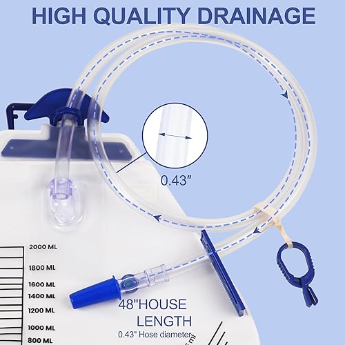 Miniatura 4 de Bolsa de drenaje urinario de 67.6 fl oz, bolsas de catéter con clips ajustables, cámara antirreflujo y tubo de 48 pulgadas, gancho colgante para uso