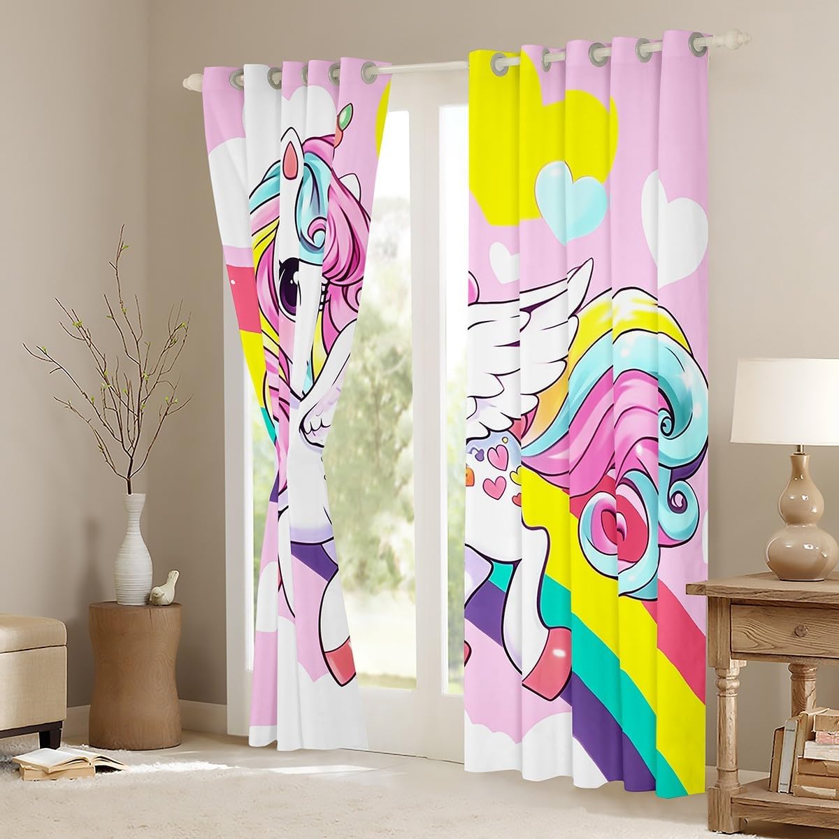Manfei Cartoon Unicorn Kids Window Curtains,Rainbow Love Heart Princess Window Drapes for Girls Women,Dreamy Unicorn Cute Animal Pink White Window Treatments Grommet Top 2 Panel Set,38Wx45L inch