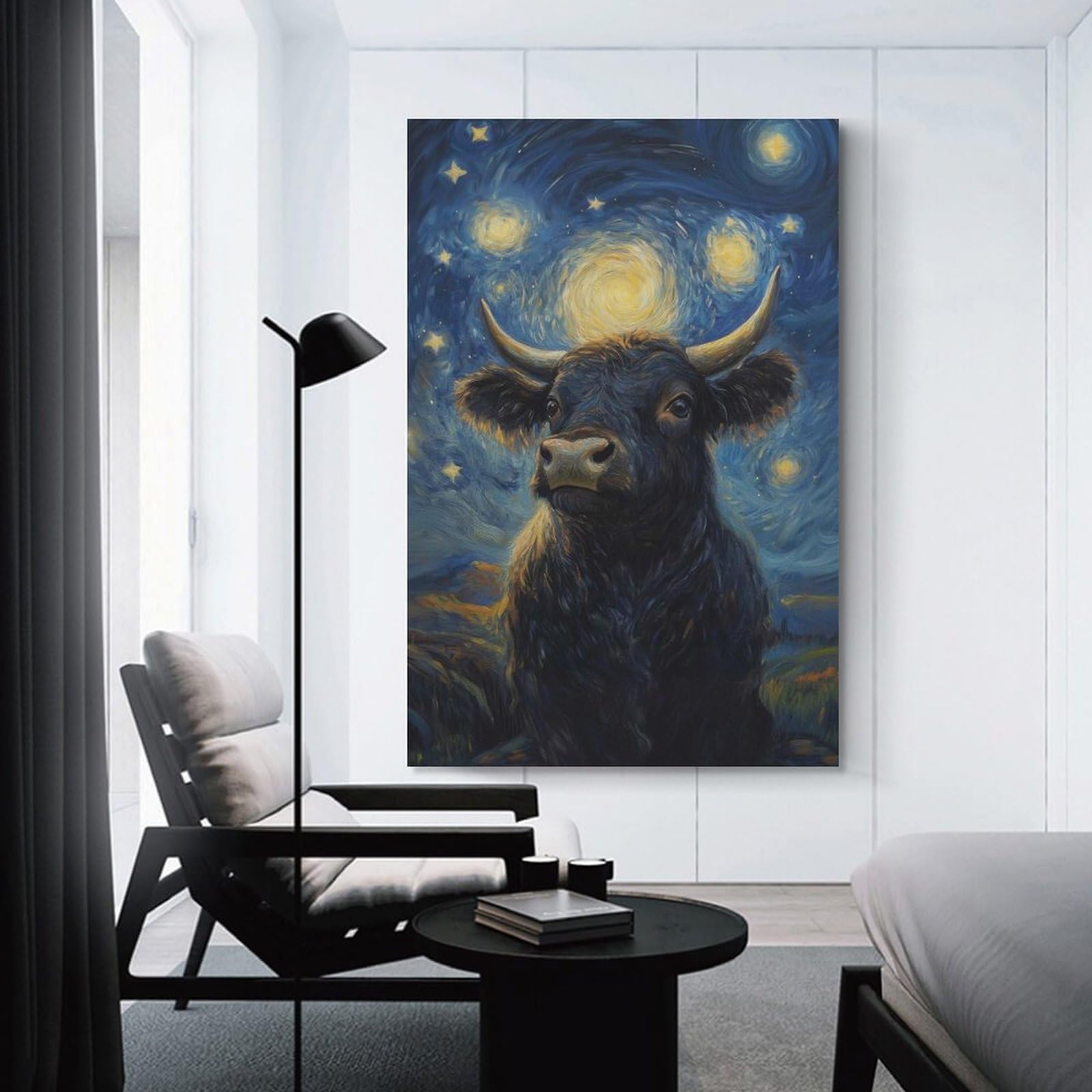 Junmoney Starry Night Cow Canvas Art Print 24x36inch(60x90cm), for Calm Bedrooms, Home Corners Or Flats, An Easy Wall Refresh for Bedrooms