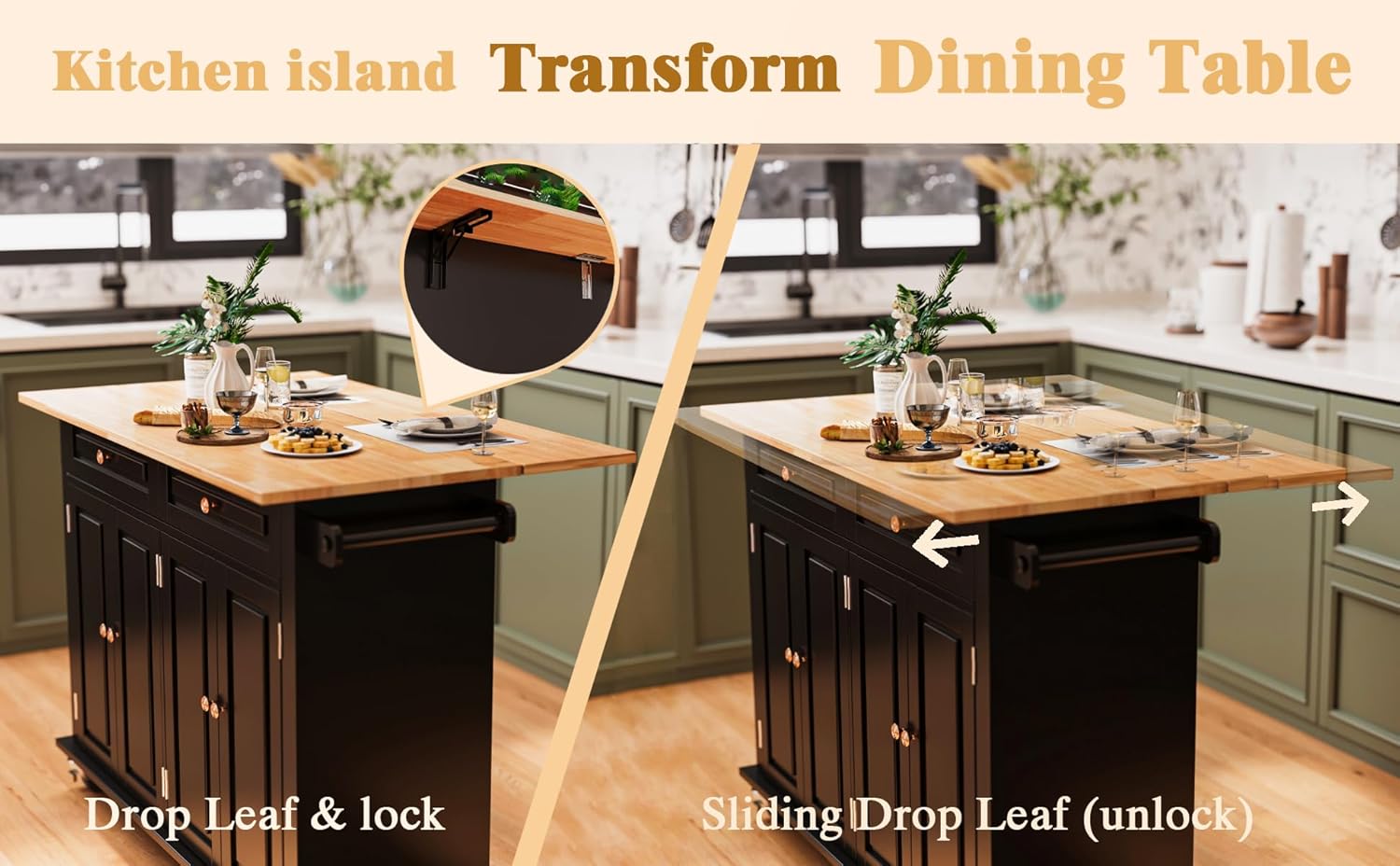 51.2'' Rolling Kitchen Island Cart with Drop Leaf Countertop, Kitchen Carts on Wheels with Storage, 2 Drawers, Towel Rack Island for Dining Room, Black