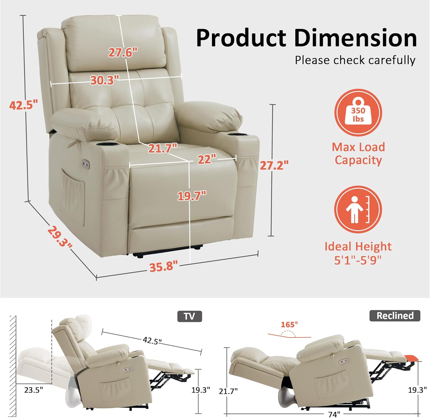 Diagram showing detailed product dimensions and maximum load capacity of the MCombo recliner chair.