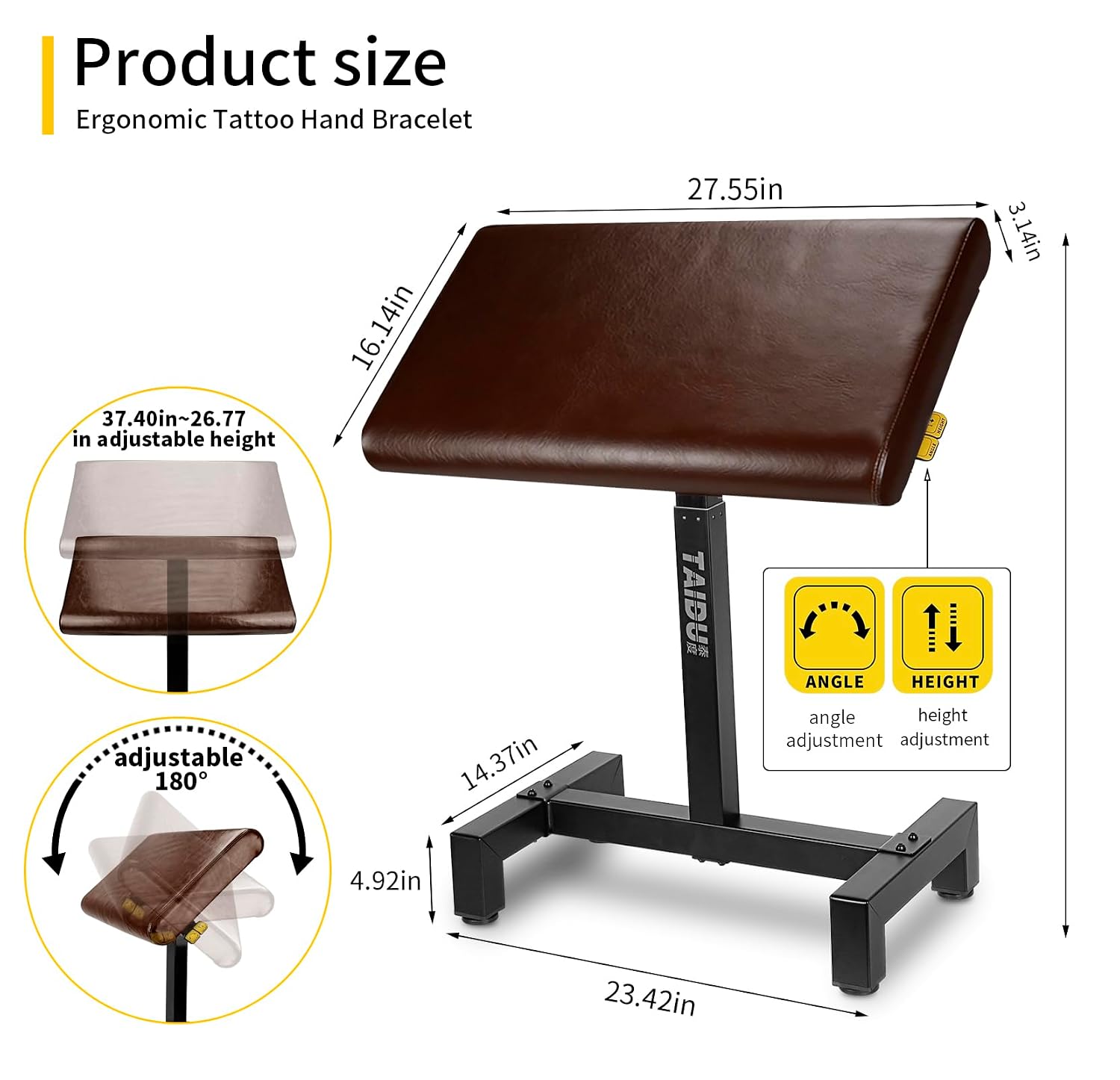 Advanced Tattoo Arm Rest Stand, featuring a hydraulic lifting system, soft sponge-padded arm rest, pneumatic lifting tattoo worktable, and brown tattoo handrest