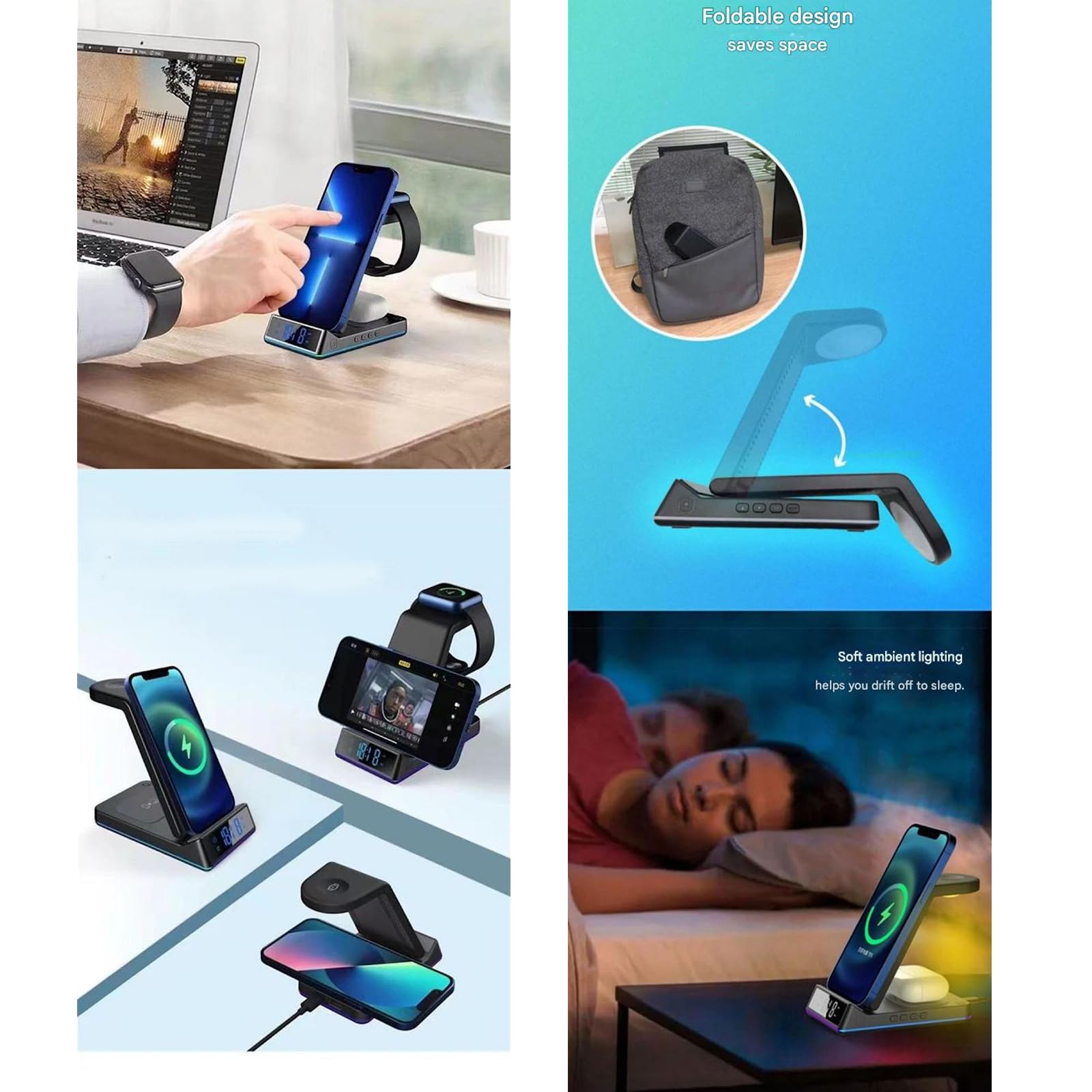 Support de charge pour téléphone, montre, écouteurs, station de charge pliable sans fil avec veilleuse, horloge et alarme
