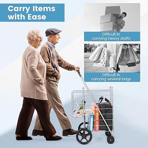 Miniatura 2 de HOMGX - Carrito de compras plegable plano, carrito utilitario resistente de 130 libras con ruedas delanteras giratorias de 360, carrito de