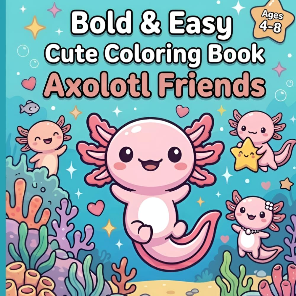 Bold & Easy Cute Coloring Book: Axolotl Friends for Kids Ages 4-8
