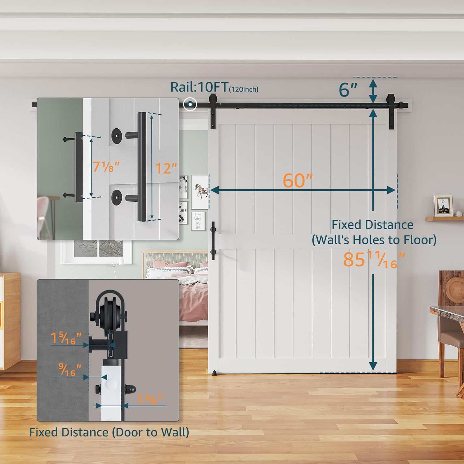 60''x 84'' sliding barn door with 10 ft barn door hardware kit& handle& floor guides,pre-drilled holes easy assembly - include installation manual, water-proof pvc surface, h-frame, white 60''x84'' white