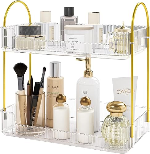 Fixwal Organizador de mostrador de baño, 2 niveles de almacenamiento transparente para encimera, cosméticos, cuidado de la piel, perfume,