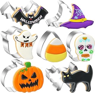 7PCS Halloween Cookie Cutters Set - Pumpkin Skull Bat Candy Corn Witch Hat Cat Ghost Cookie Cutter Shapes, Stainless Steel...