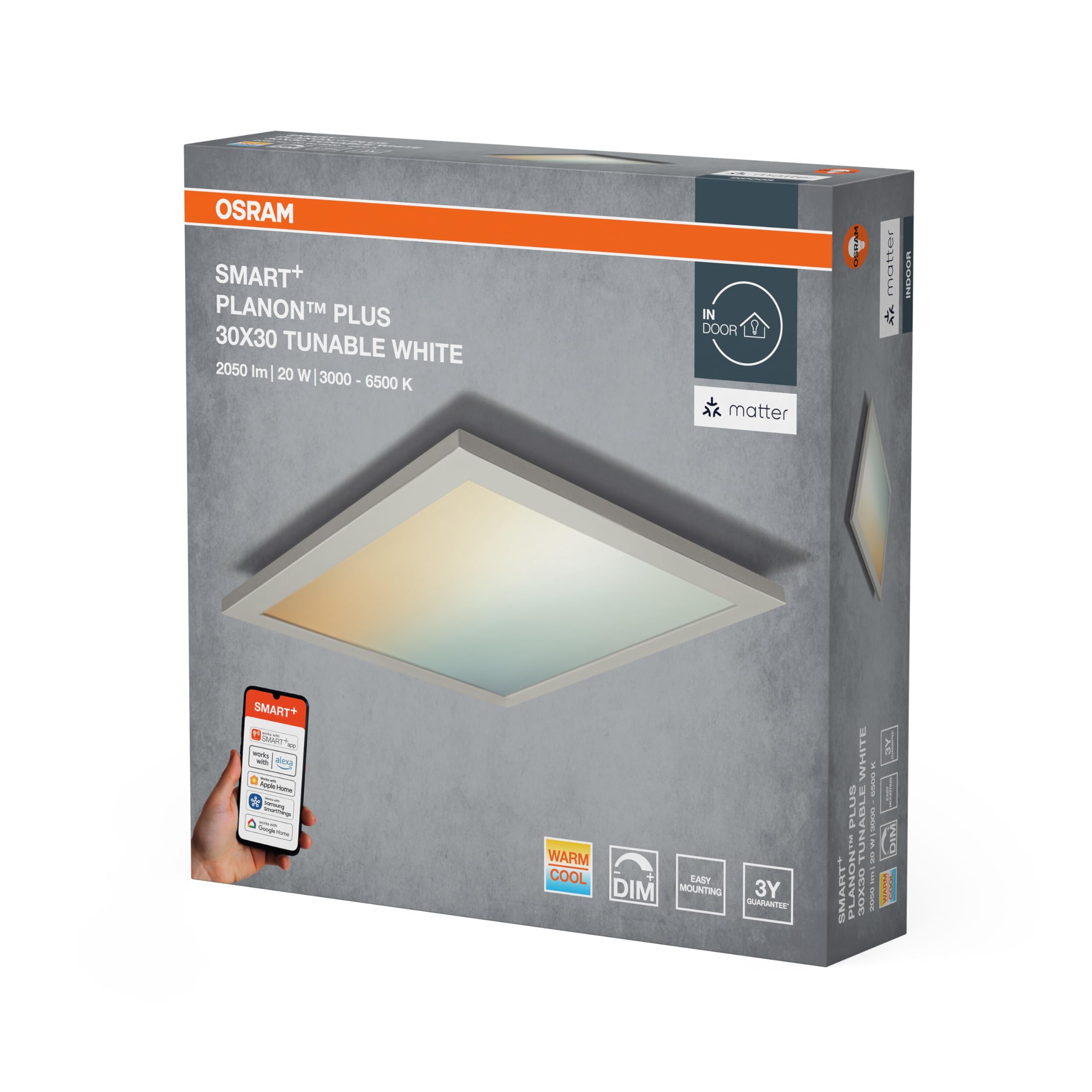OSRAM SMART+ Matter PLANON PLUS PANEL LED ZMIENNA BIEL, 300x300mm, 20W, 1500lm, 3000-6500K, Matter WLAN | SMART+ MATTER Planon Plus Tunable White, oświetlenie wewnętrzne ścienne, biały, 25000 h, opakowanie 1 szt