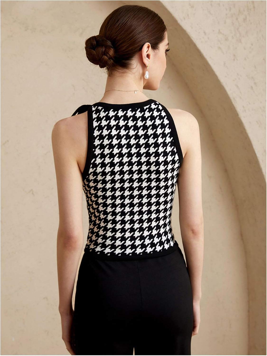 Women's Houndstooth Print Bow Tank Top Crew Neck Sleeveless Button Front Elegant Crop Tops - Image 2