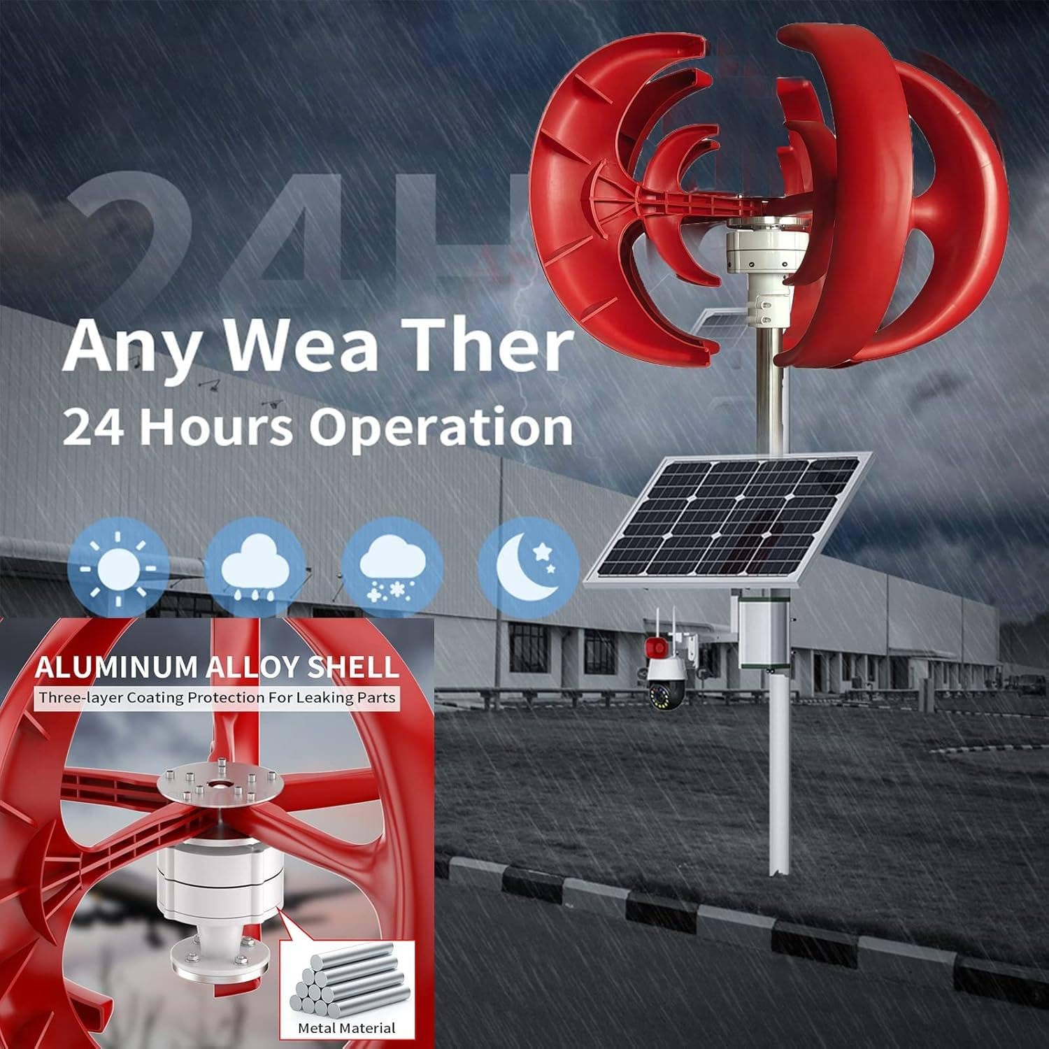 Turbina Eólica De 3000W Generador De Eje Vertical De 5 Aspas Equipo Productor De Electricidad para Barcos Terrazas, Cabañas O Casas Móviles De Carga,Red-12V