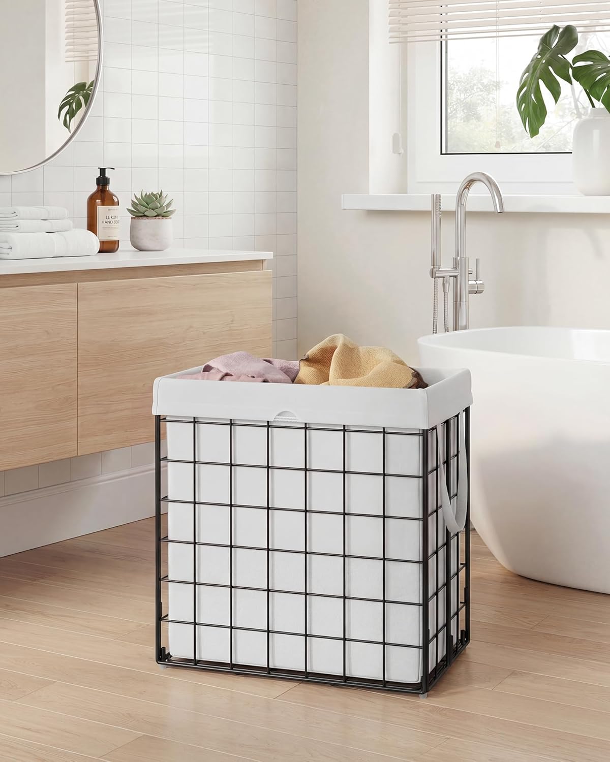 SONGMICS HOME Laundry Basket, Foldable Laundry Hamper, Clothes Hamper, Removable Liner with Handles, for Bedroom, Bathroom, 29 Gal. (110 L), White