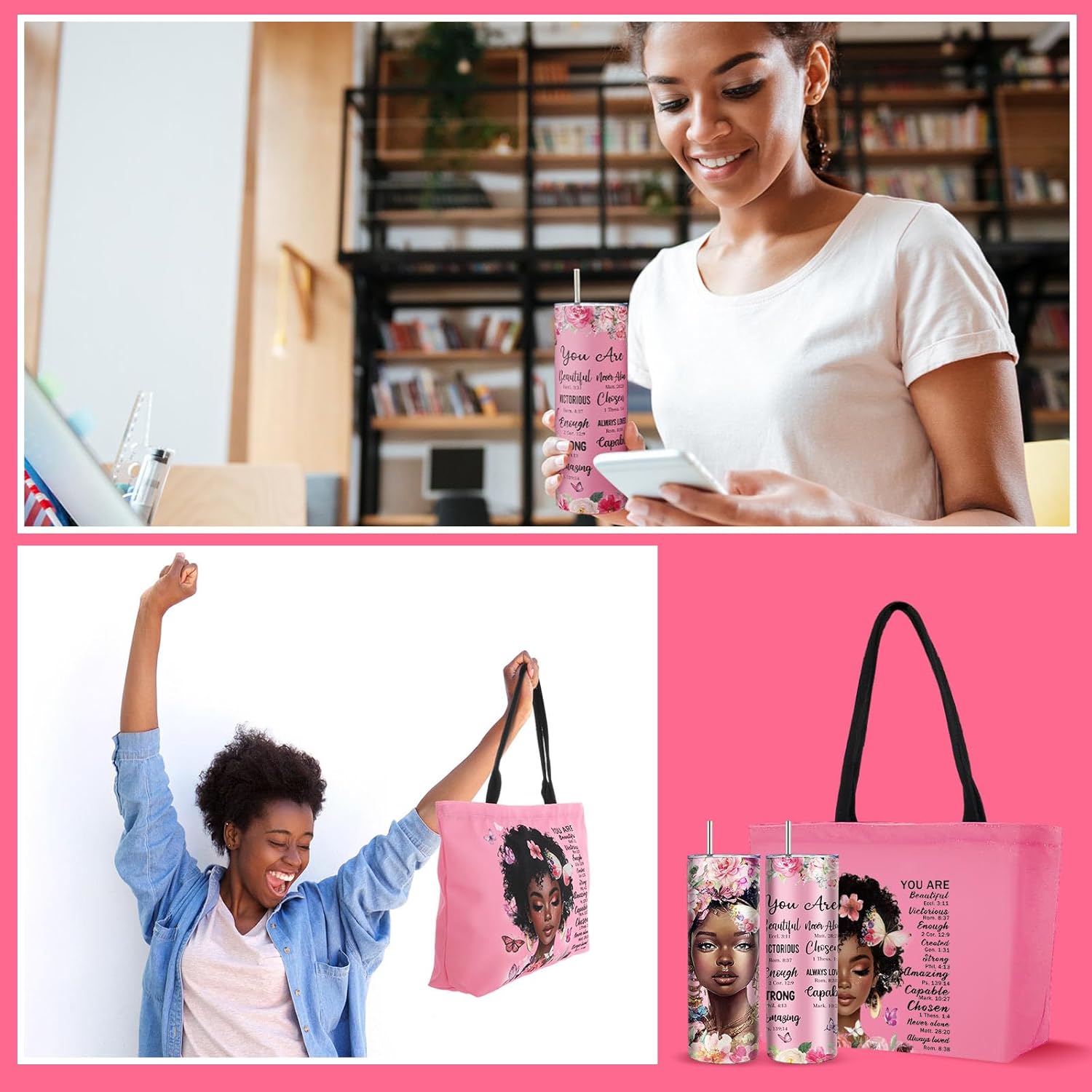 Geiserailie African American Gifts for Women Afro Black Girl Blanket, Tote Bag, Gift Box and More for Black Mom Friends Lady Valentine's Day Holiday Party Present(Pink Butterfly) - Image 4