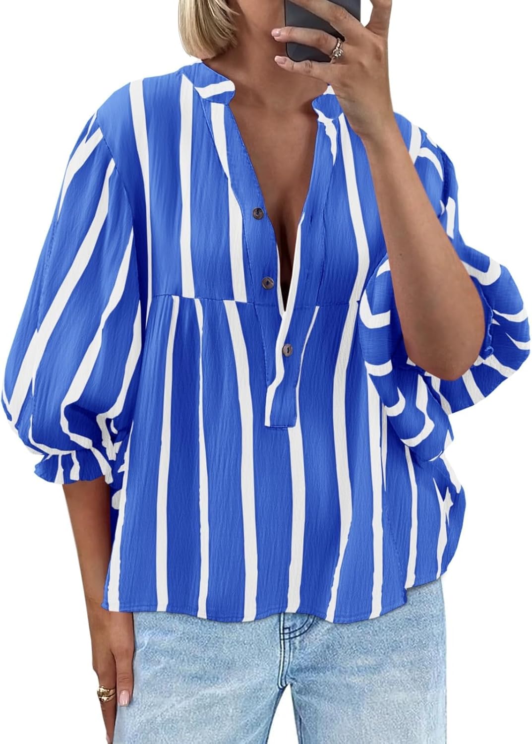 LAYOGAS Womens 3/4 Length Sleeve Babydoll Top Casual V Neck Striped Blouses Loose Fit Flowy Button Down Shirts