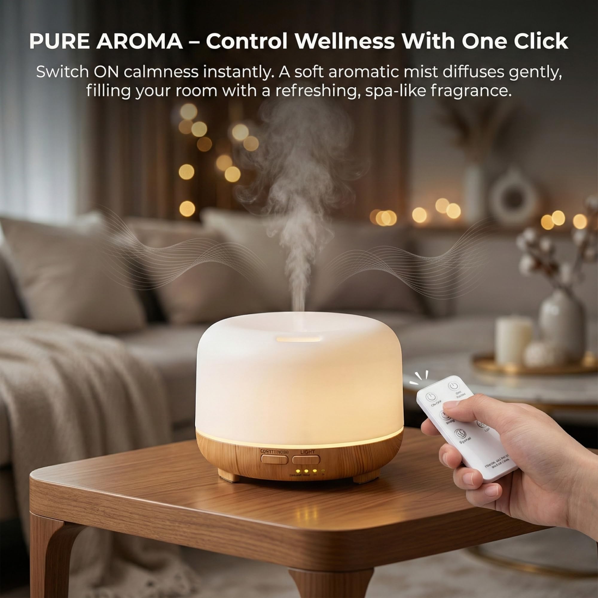 Pure Aroma 500ml Essential Oil Diffuser | Ultrasonic 5-in-1 Aromatherapy Humidifier | Timer & Auto-Off Safety | Quiet Air Humidifier | LED Night Light | Elegant Brown Finish | Best for Home & Office - Image 2 thumbnail