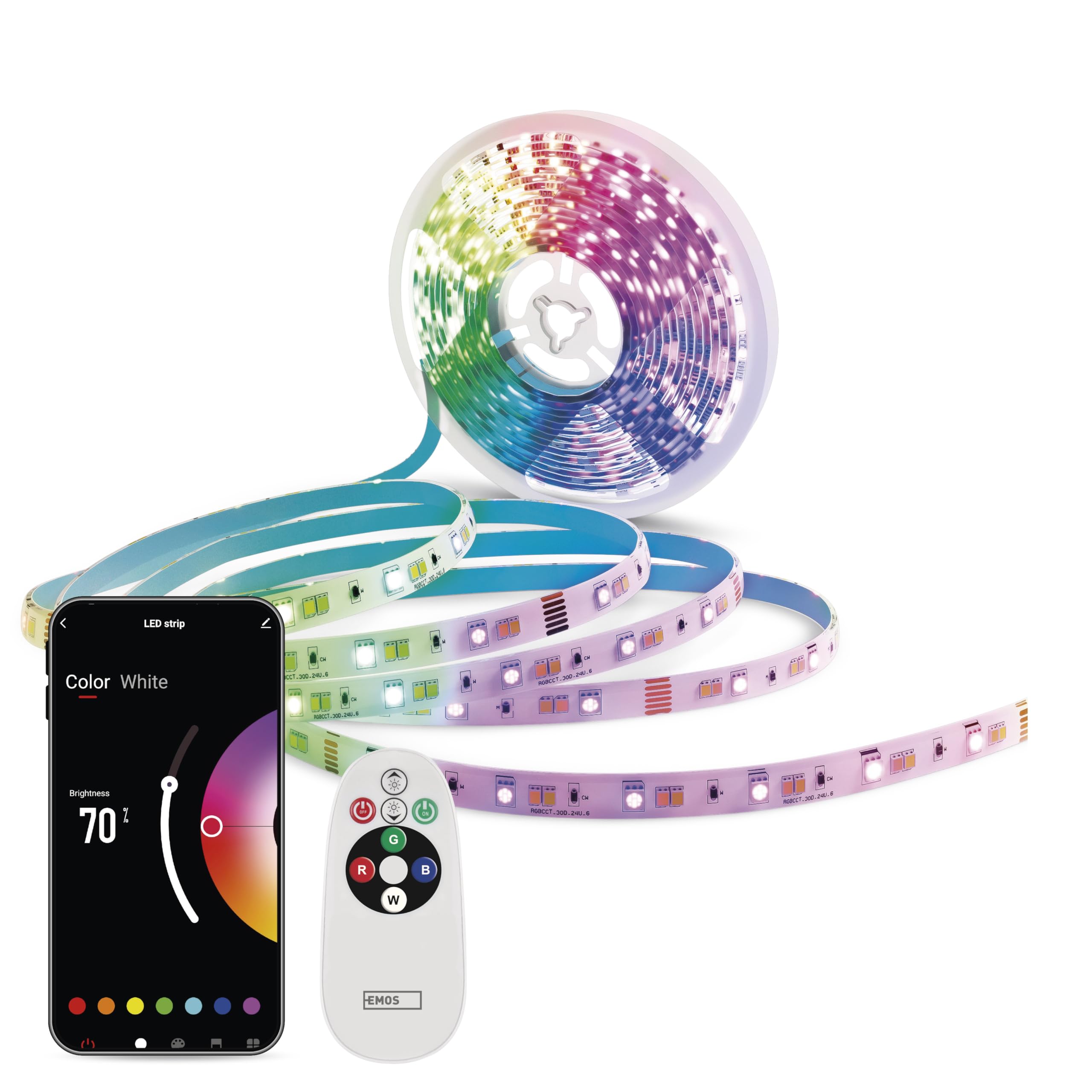EMOS - Smart LED Strip RGB/CCT 5m - Striscia LED autoadesiva con telecomando e app - 16 milioni di colori, sincronizzazione musicale, timer - Ambiente e illuminazione per feste - Include 1,5 cavi e