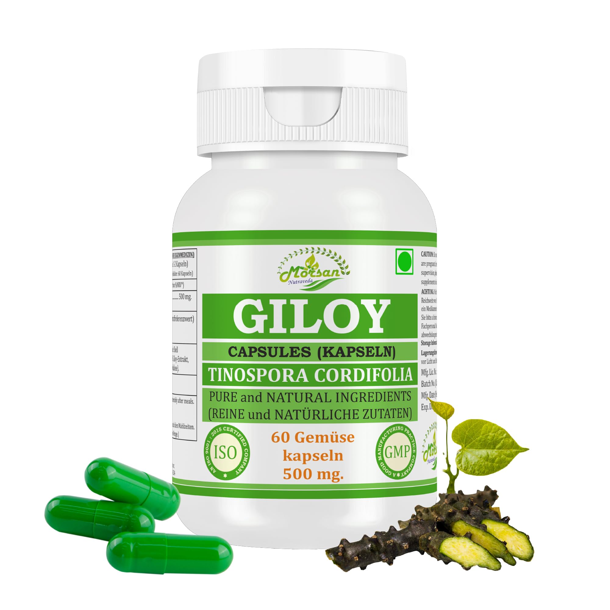 Giloy (Guduchi) Capsule 500 mg – 60 Capsule vegane | Estratto di Tinospora cordifolia ad alto dosaggio (10:1) | Integratore alimentare ayurvedico per uomini e donne (1 flacone da 60 capsule)