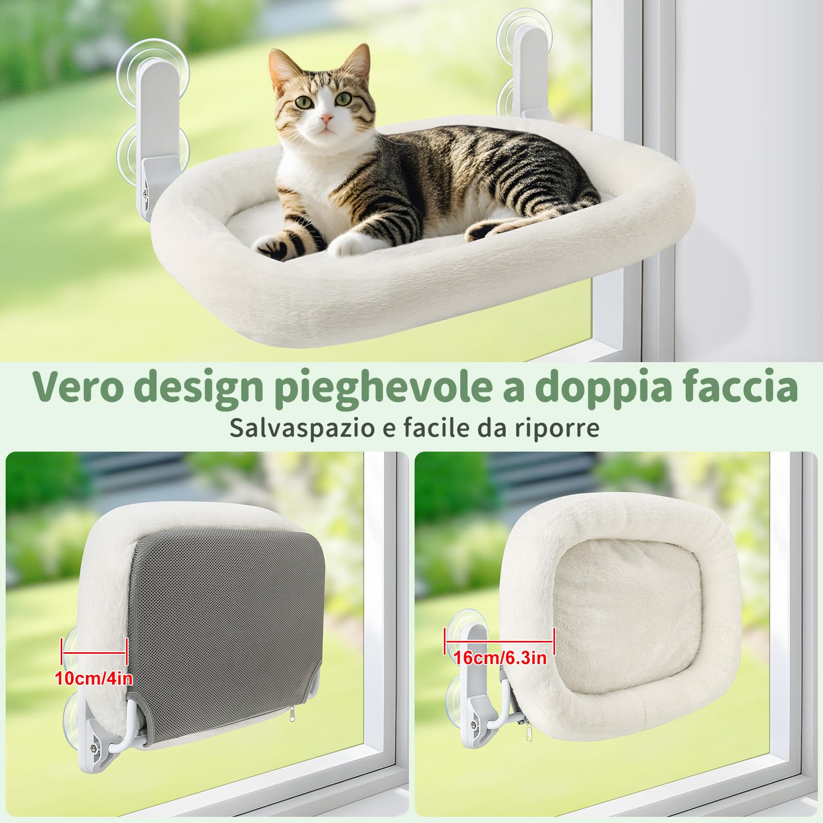 GUUSII HOME Amaca per Gatti da Finestra Letto Morbido e Confortevole per Gatti Trespolo e Mensola per Riposo Interno Facile da Installare Senza Forature Animali domestici (Bianco)