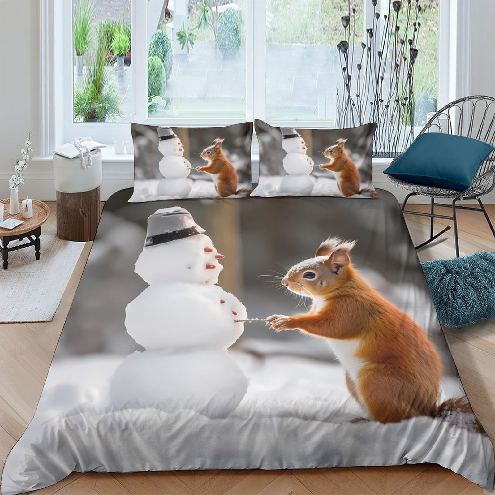 Ctjqhvkz Style-2 3D Printed Squirrel Snowman Fitted Sheet Microfiber Soft Grey Cartoon Animal Mattress Cover For Bedroom Dorm Room Decor Single（135X200cm）