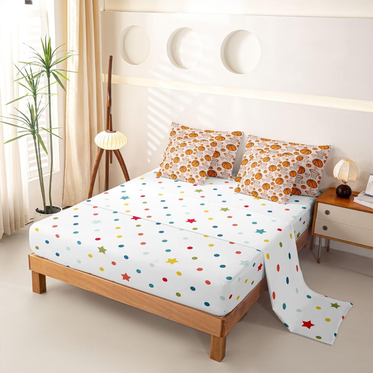 Loussiesd Juego de ropa de cama de 7 piezas con funda de edredón, sábanas, fundas de almohada, fundas de almohada, fundas de cojín, para niños y niñas, tamaño doble, diseño de baloncesto
