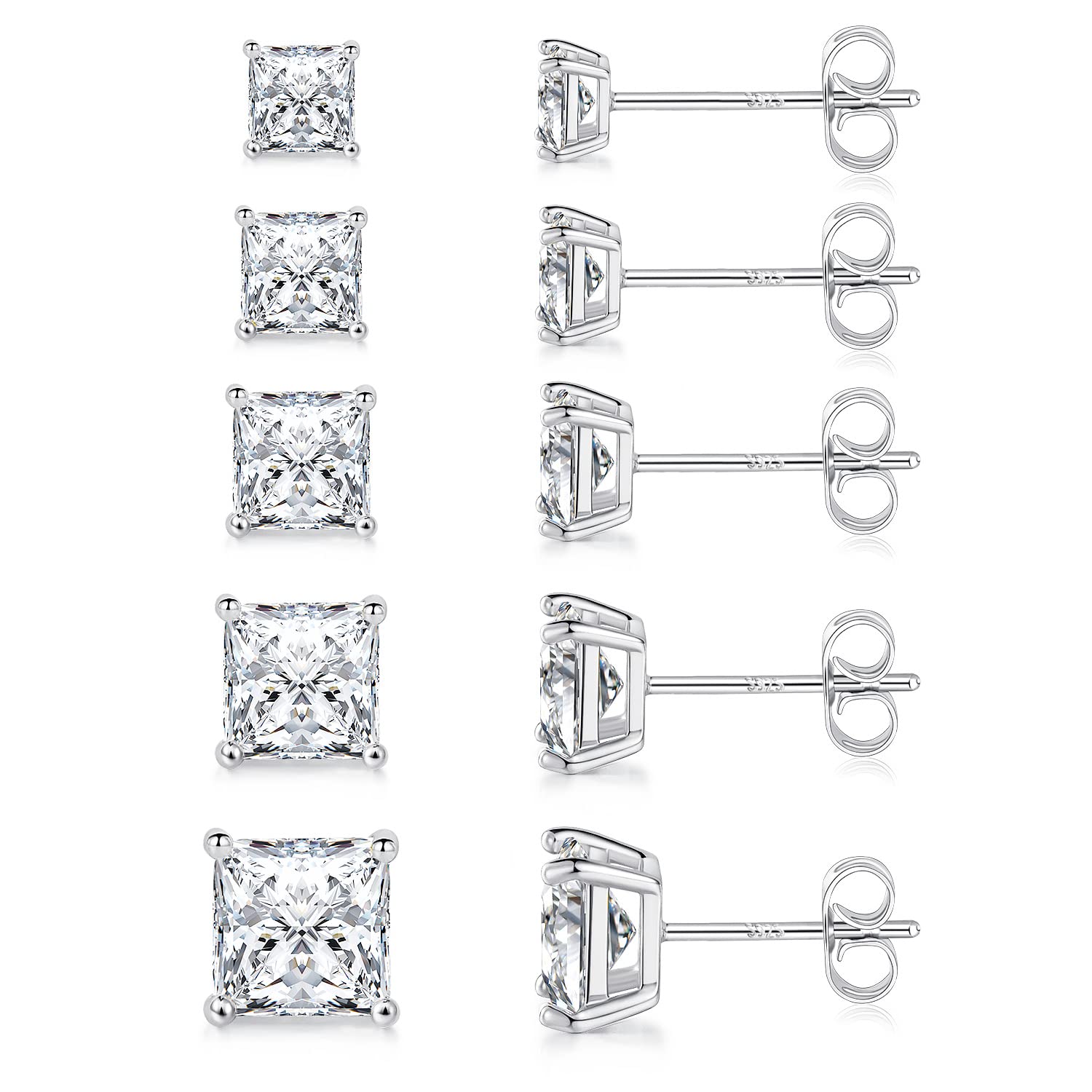 Princess Cut Cubic Zirconia 925 Sterling Silver Post Stud Earrings for Women Men