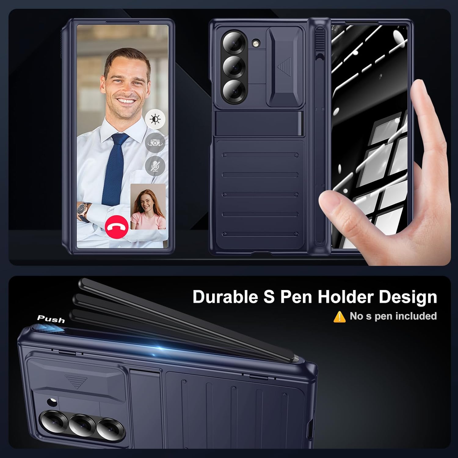 for Samsung Z-Fold-6 Pen Case: Slim Hinge Stand Case with Privacy Screen Protector - Full Body Rugged Hard Protective Phone Cover for Women Men (Blue)