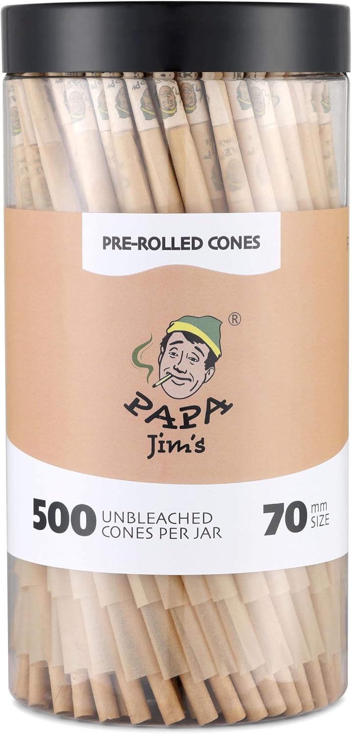 Papa Jim's Pre-Rolled Cones | 500 Cones Jar | 70mm DogWalker Size | Unbleached Classic | Finest paper from France | Includes Packing sticks and filters