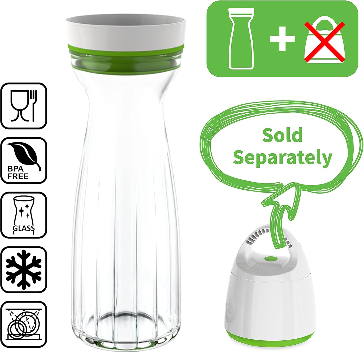 FOSA Vacuum Sealed Glass Jug with Lid 1.2L (40oz) | Vacuum Container | Vacuum Seal Container | Glass Vacuum Container | Vacuum Milk Container | Vacuum Pitcher (Vacuum Pump Not Included)