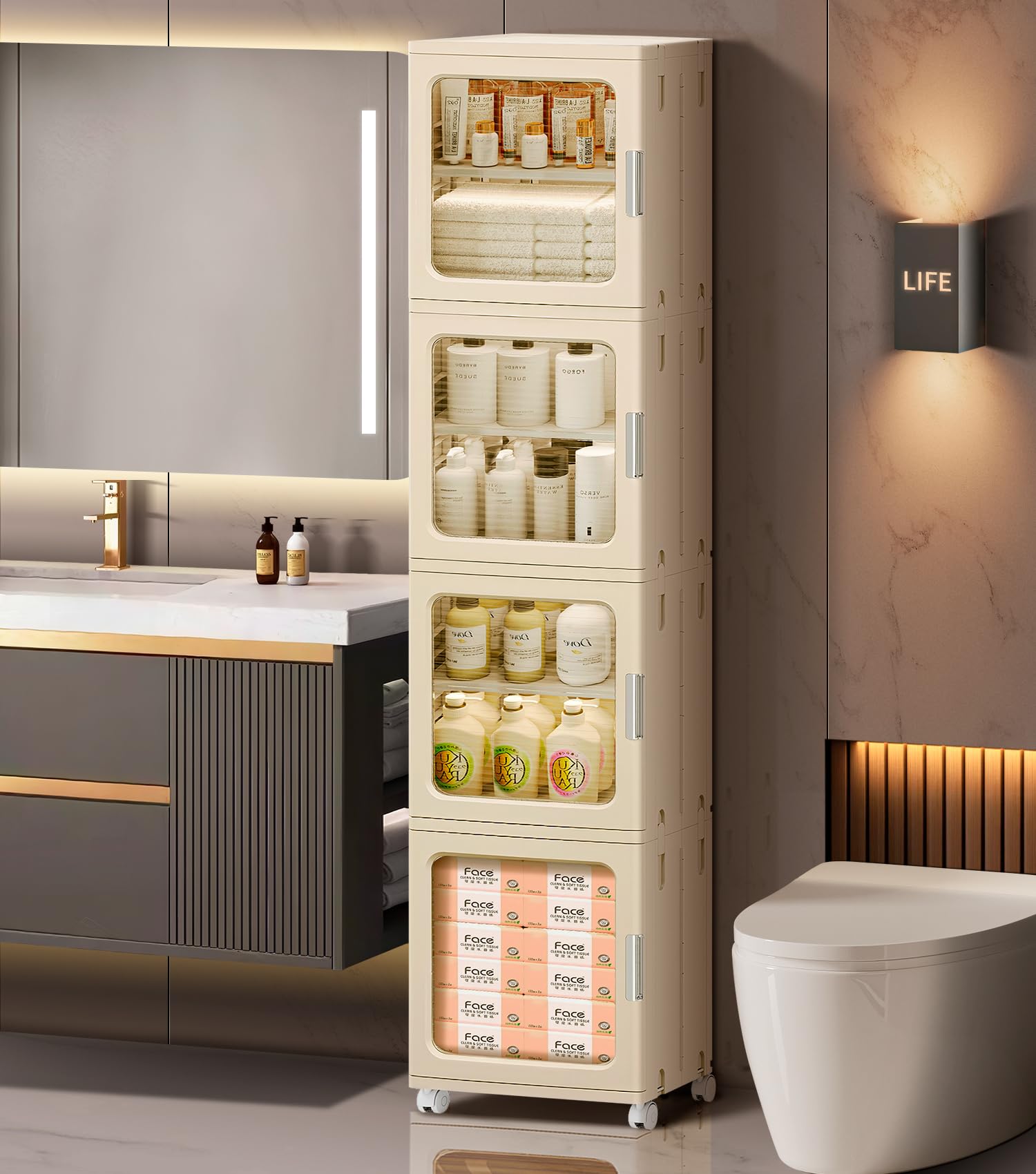 4-Tier Tall Narrow Bathroom Storage Cabinet for Small Space, Beige