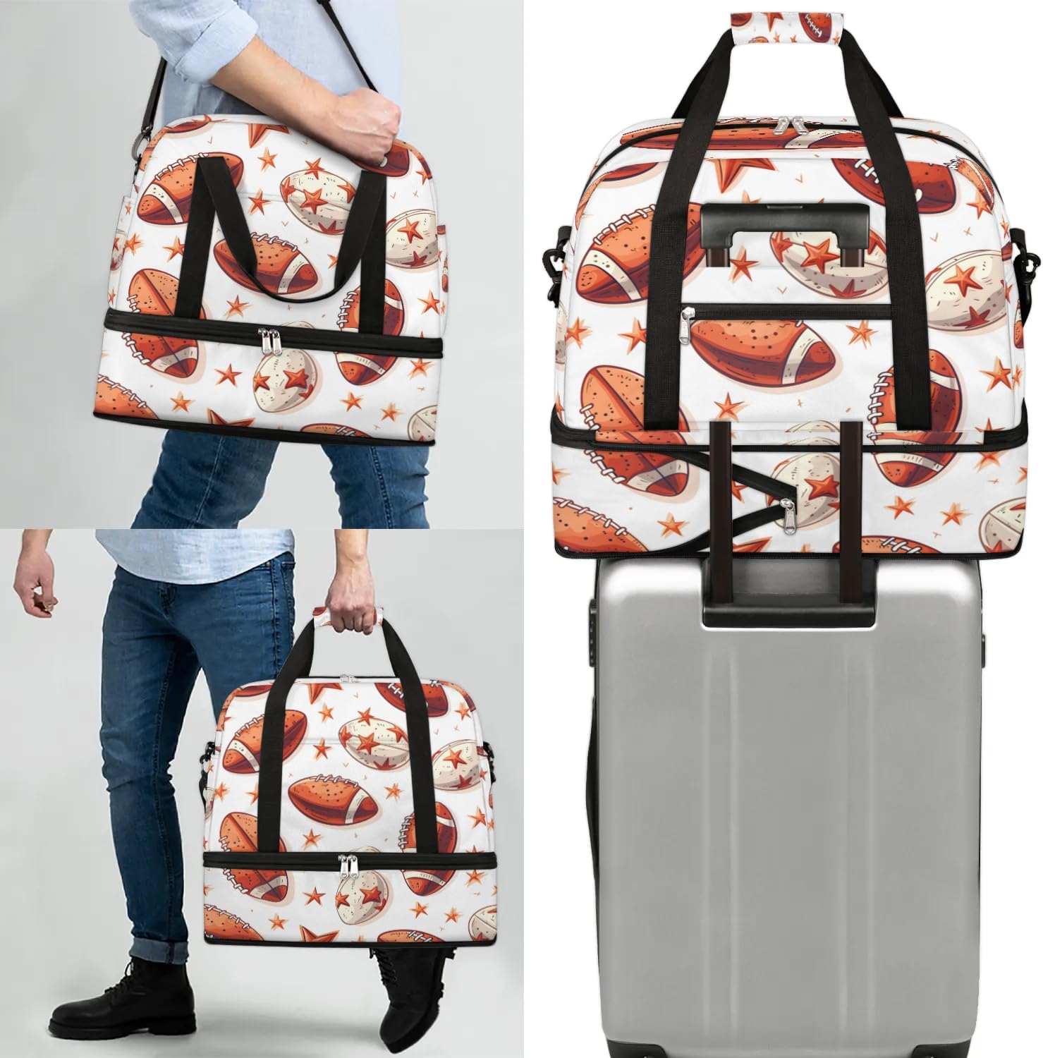 Sports Duffel Bag, Foldable Rugby Balls Sport Travel Duffel Bag, Gym Yoga Beach Bag Weekender Overnight Bag with Shoes Compartment for Men Women, Rugby Football