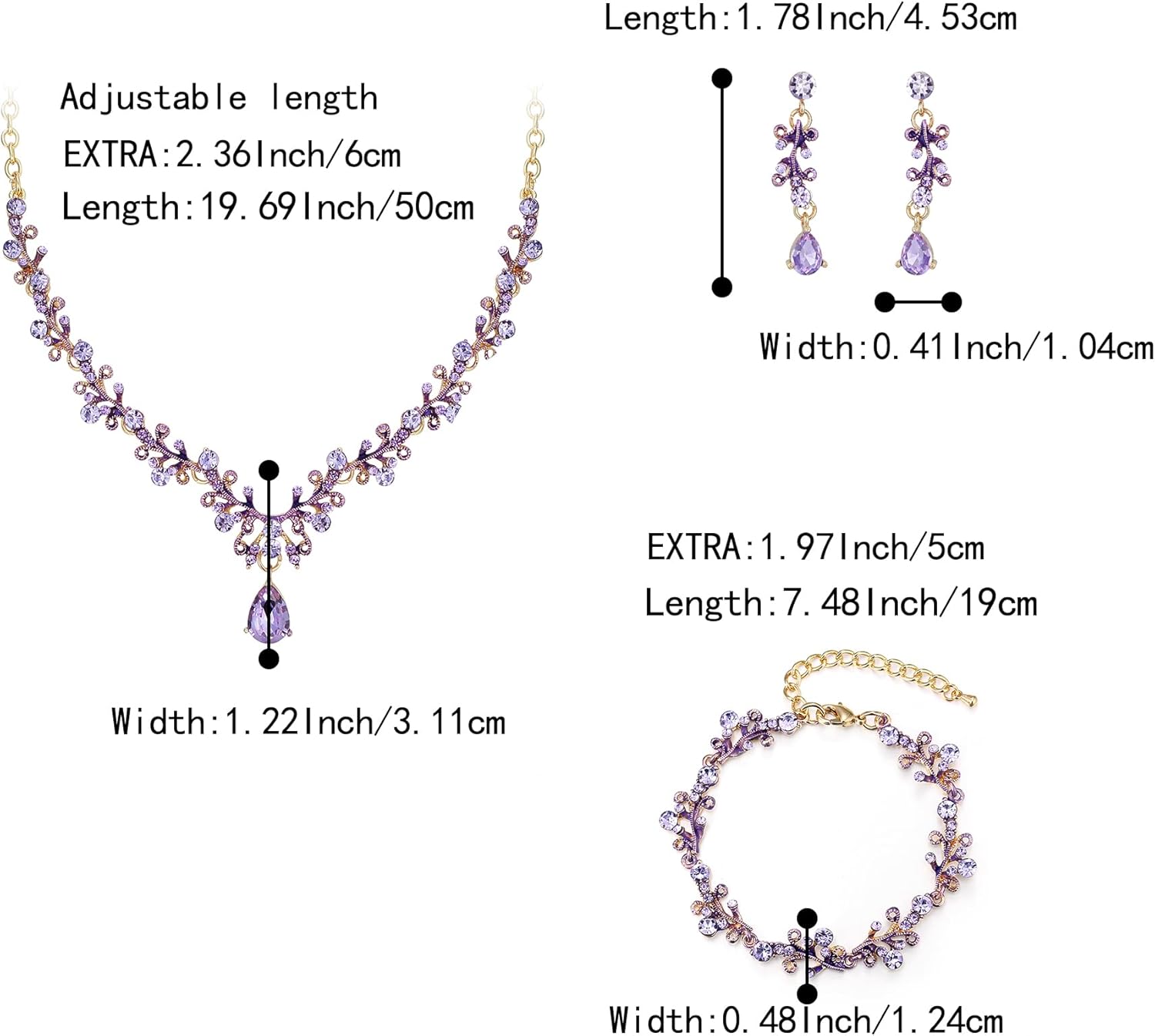 BriLove Bridal Jewelry Set for Women,Shiny Rhinestone Teardrop Leaf Cluster Statement Necklace Dangle Drop Earrings Link Bracelet for Wedding Party Prom Accessories