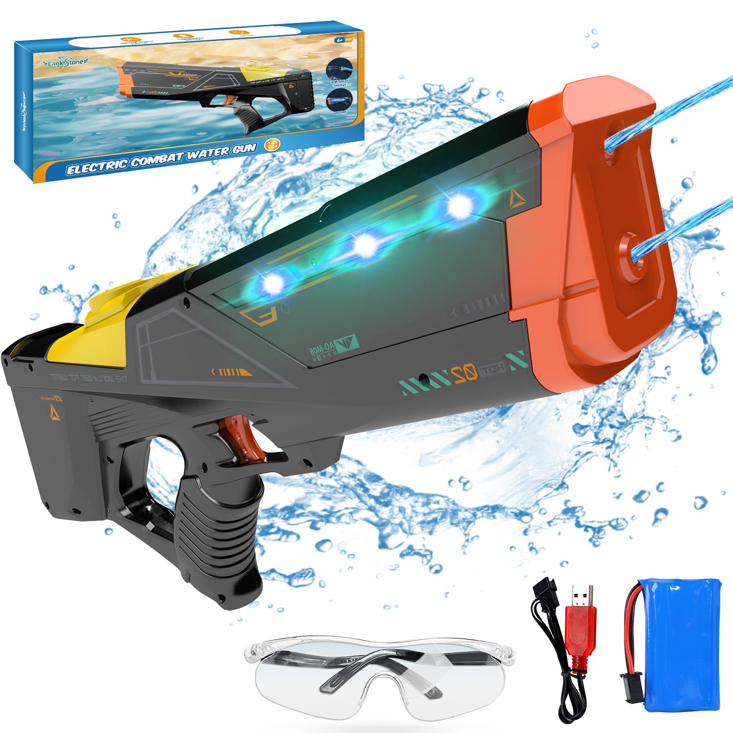 EagleStone Electric Water Gun for Adults & Kids, Light-Up Dual Nozzle Water Blaster,Squirt Gun with 1500mAh Battery, 26-33FT Long-Range Shooting, Leak-Proof, Outdoor Beach Pool Party Toy