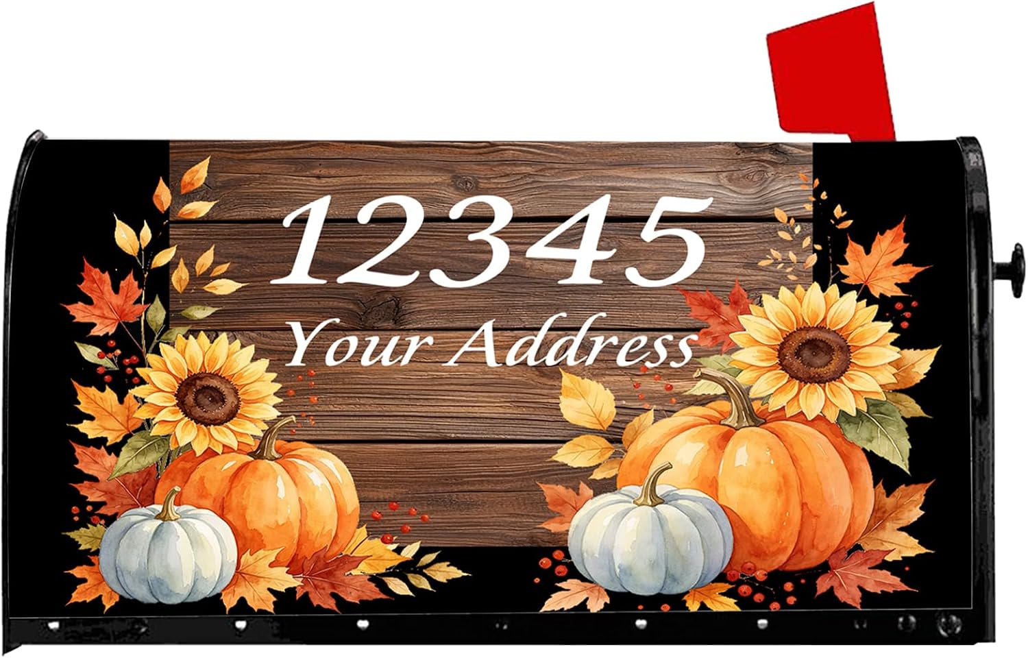 Personalized Fall Mailbox Covers Magnetic Large Size Custom Text, Rustic Wood Grain Pumpkin Mail Box Wrap, Thanksgiving Autumn Leaves Sunflower Family House Street Number Outside Yard Decor, 18x22