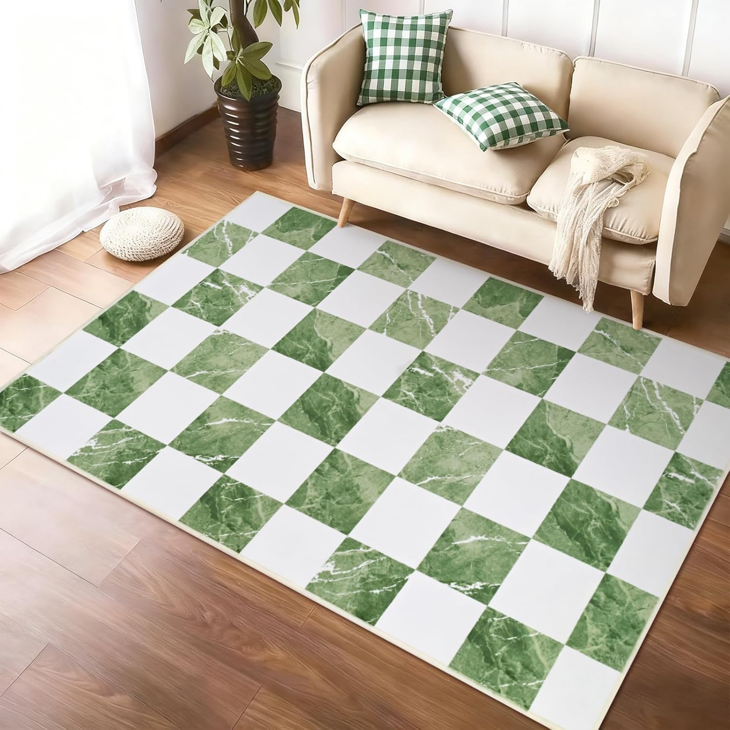 Yinhua 3x5 Checkered Rugs for Entryway, Modern Washable Entryway Rug Non Slip, Neutral Classic Checkerboard Rugs for Bedroom, Soft Low Pile Green Marble Area Rug for Nursery Doorway Living Room