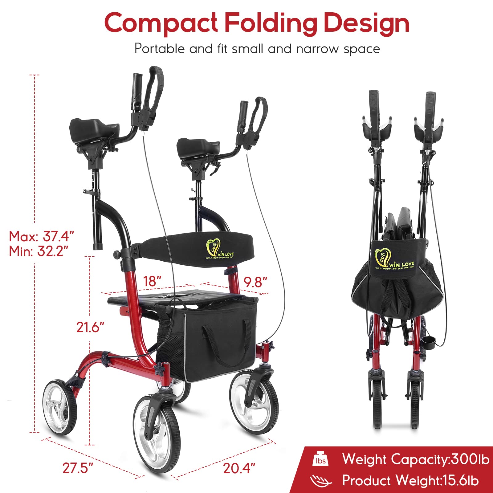 WINLOVE Upright Rollator Walkers for Seniors Stand Up Aluminium Tall