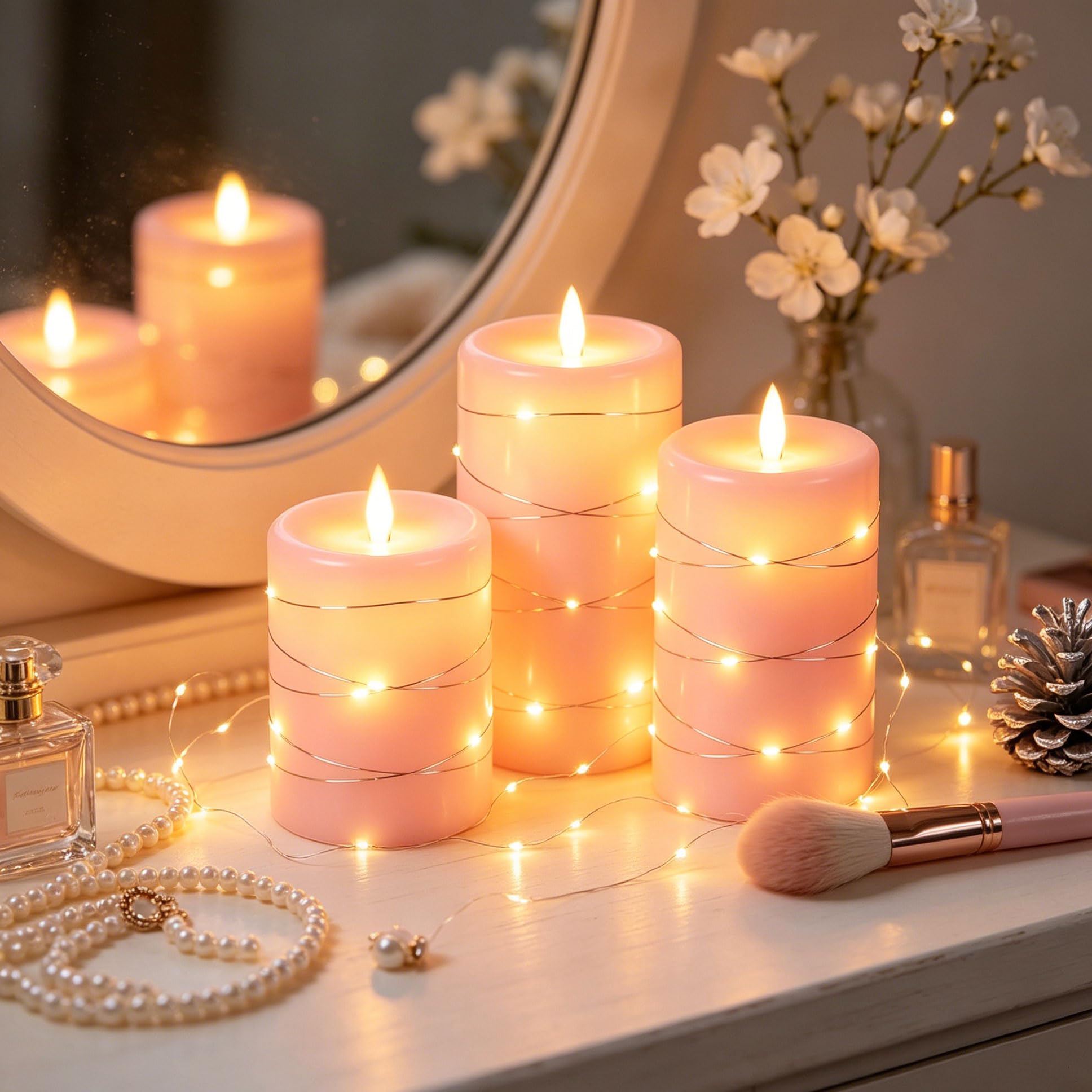 Da by 3 Candele LED Rosa in Cera Naturale, Luci Fatate Avvolgenti, Fiamma Tremolante Ultra Realistica, 1 Telecomando, Misure Assortite, Riutilizzabili per Decorazioni Interno ed Esterno
