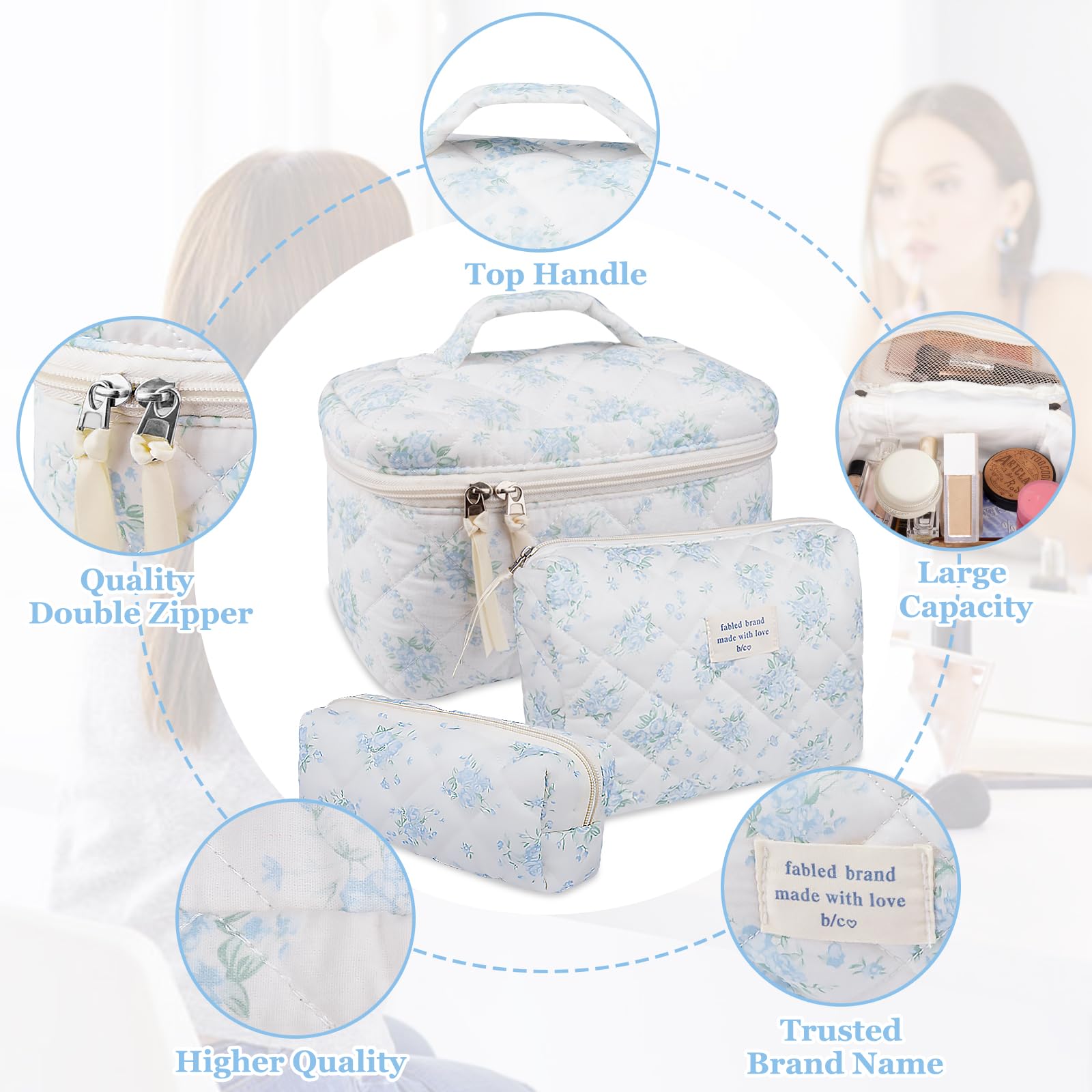 Gosect Quilted Cotton Makeup Bag Set, 3-Piece Travel Organizer