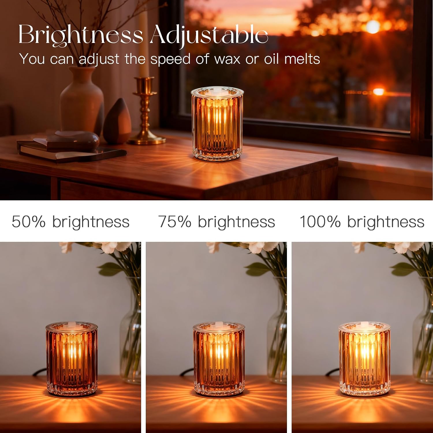 Electric Wax Melt Warmer with Timer, Amber Ribbed Glass Design | Warm Home Decor, Removable Dish for Easy Cleaning, Adjustable Brightness, Extra Bulb Included