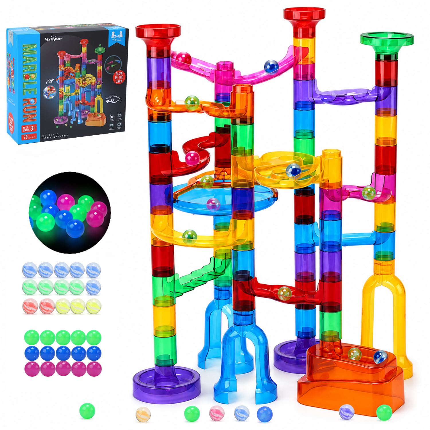 EagleStone 79PCS Transparent Glow Marble Run Construction Marble Maze Toy
