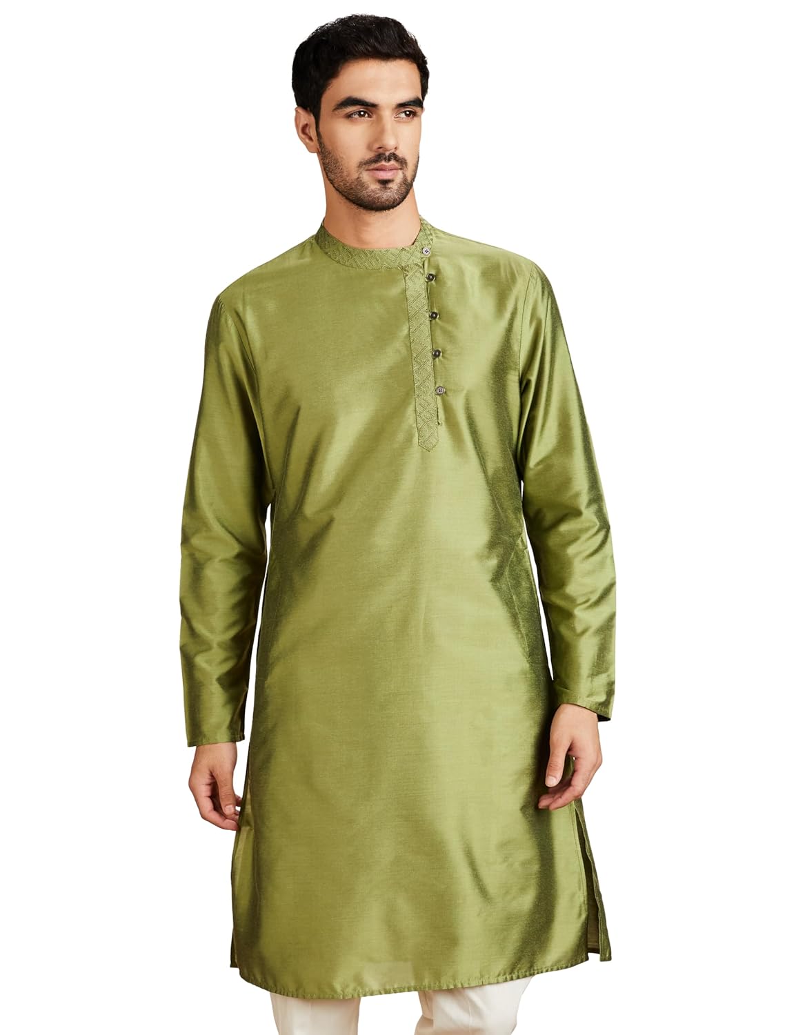 Amazon Brand – Symbol Men’s Rayon Solid Festive Embellished Long Kurta (Regular Fit)