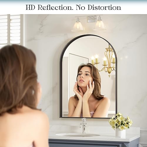 Miniatura 8 de Espejo arqueado de 22 x 30 pulgadas para baño, espejo de pared arqueado negro, espejo de tocador, marco de metal negro, espejos de arco para sala de