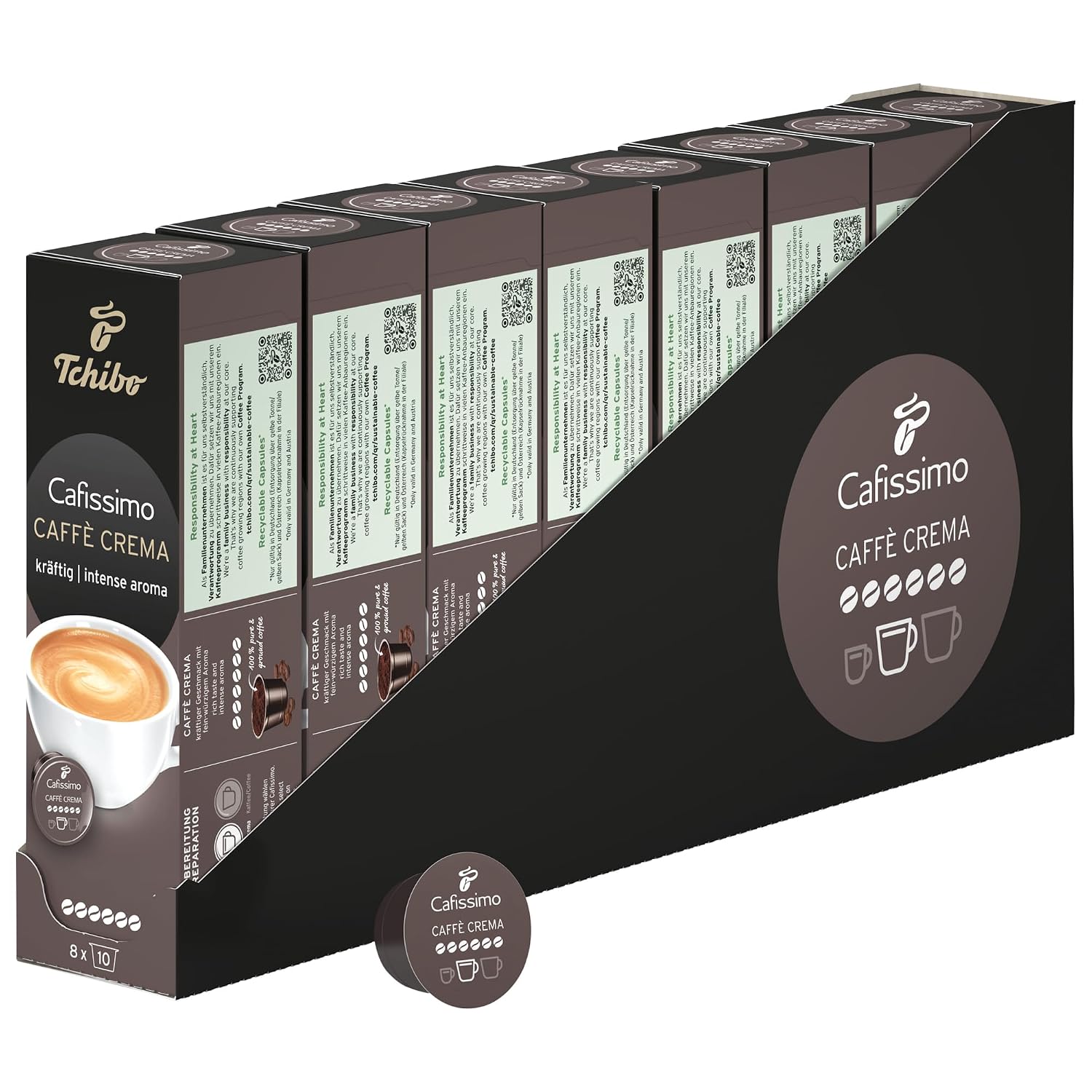 Tchibo Cafissimo Storage Box Caff  Crema Strong Coffee Capsules Pack of 80 - 8 x 10 Capsules Coffee Intense with Strong Roasted Aromas Sustainable & Fair Trade