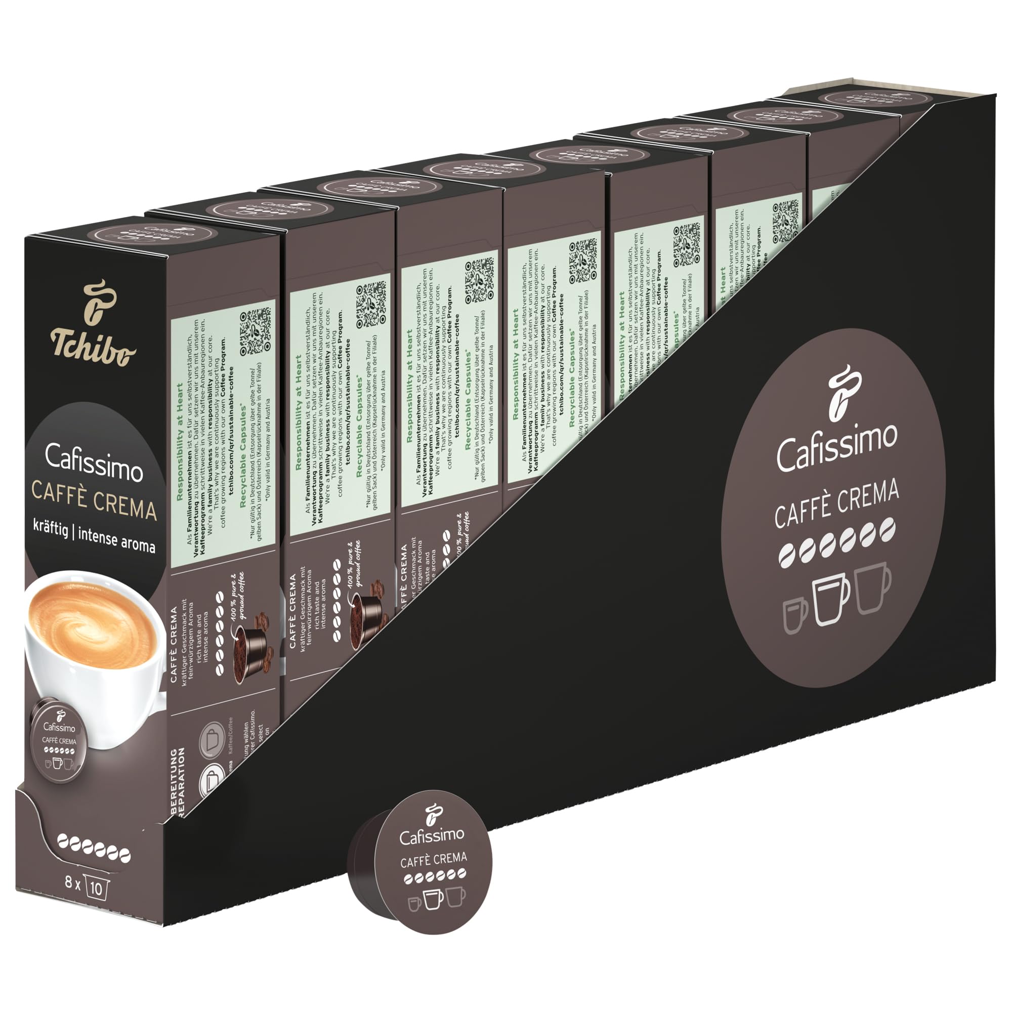 Tchibo Cafissimo Vorratsbox Caffè Crema kräftig Kaffeekapseln, 80 Stück – 8x 10 Kapseln (Kaffee, intensiv mit kräftigen Röstaromen), nachhaltig & fair gehandelt